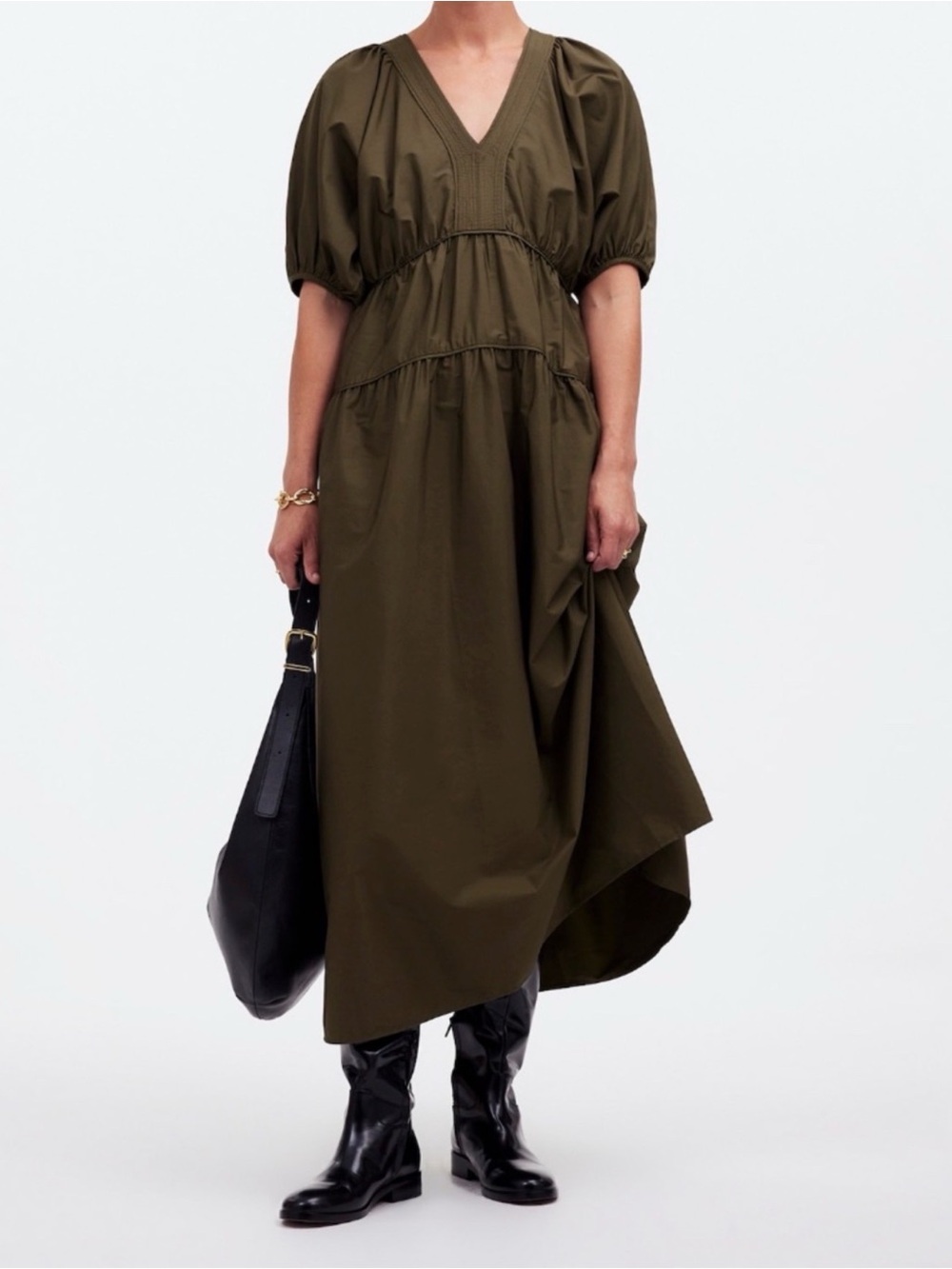 Madewell Olive V-Neck Tiered Midi Dress